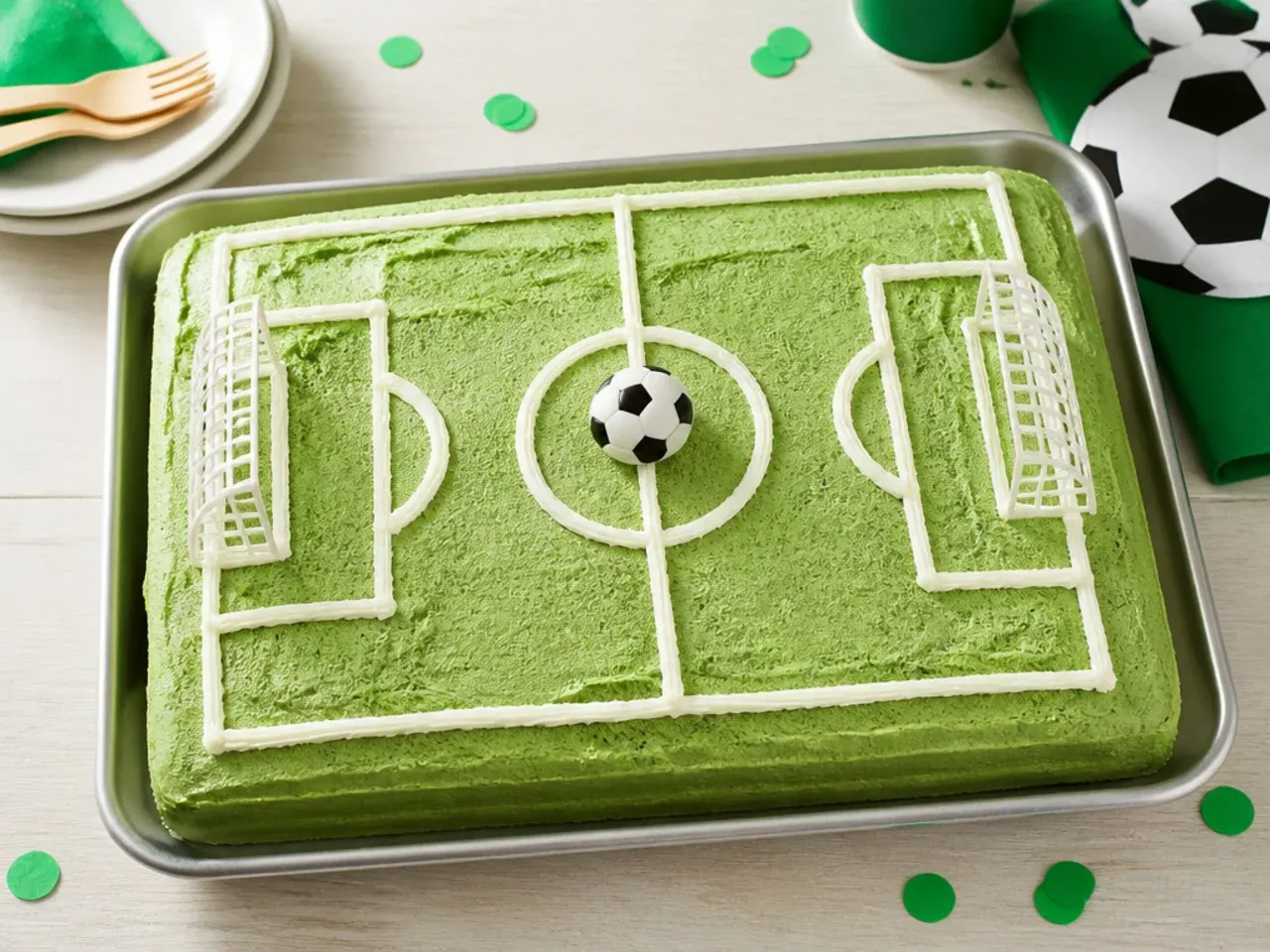 Easy football birthday cake traybake decorated as a green pitch with piped white lines