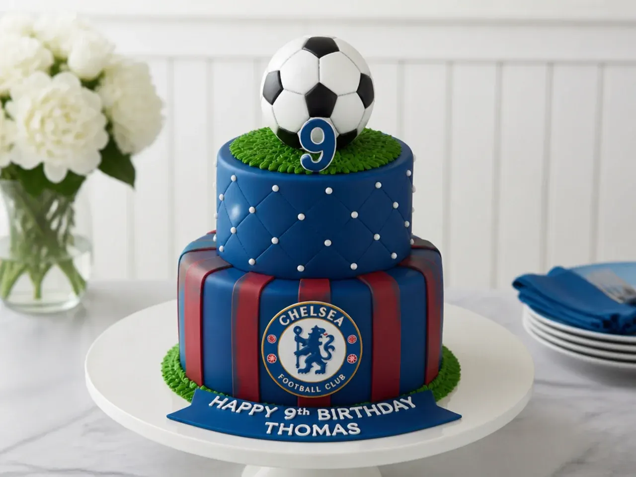 Elegant two tier football birthday cake iced in club colours with fondant ball topper