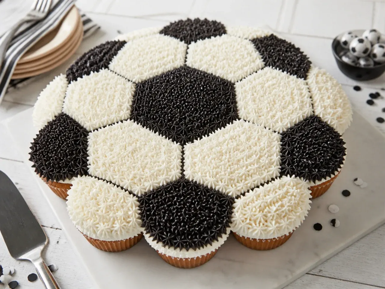 Pull-apart football birthday cake made from cupcakes iced as one black and white ball