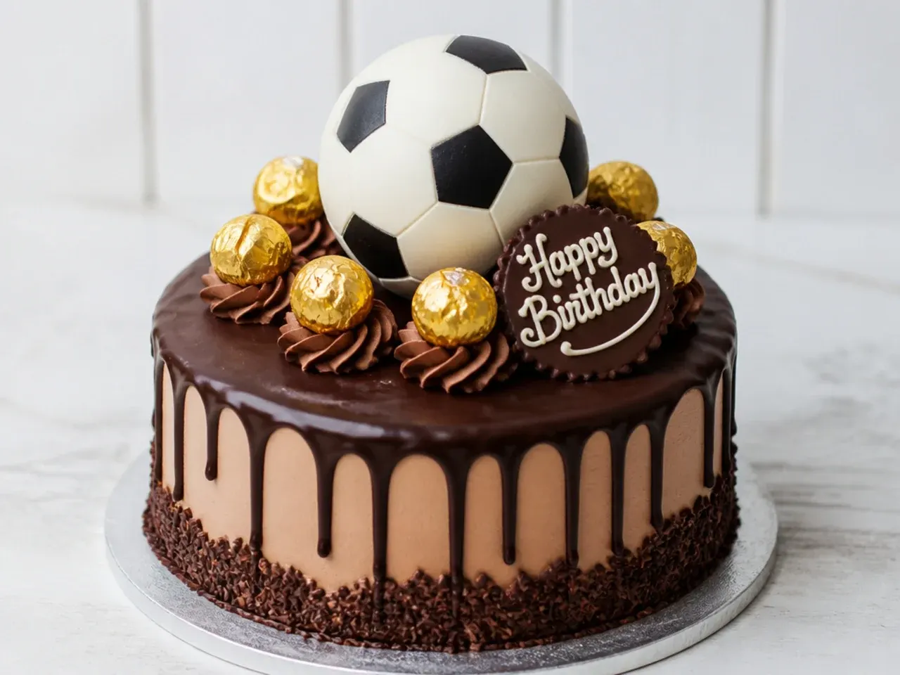 Modern football birthday cake with chocolate ganache drip and foil wrapped chocolate footballs