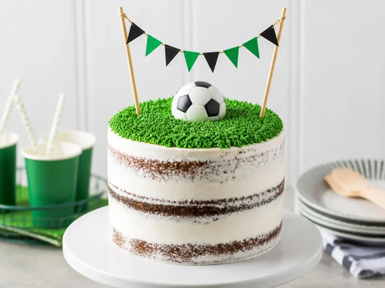 Rustic semi-naked football birthday cake with piped grass top and team colour bunting