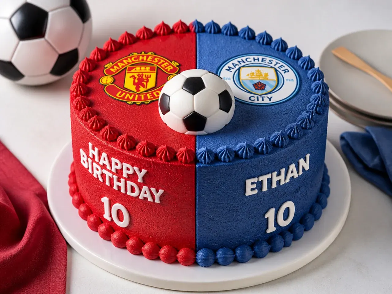 Half and half football birthday cake split between two rival team colours