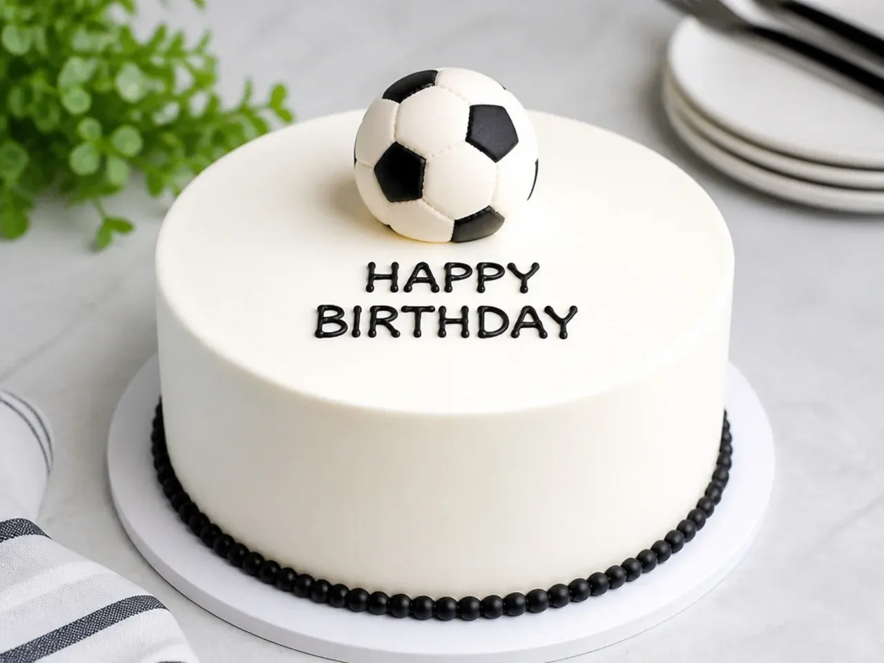 Minimal white football birthday cake with a single small fondant football and simple lettering
