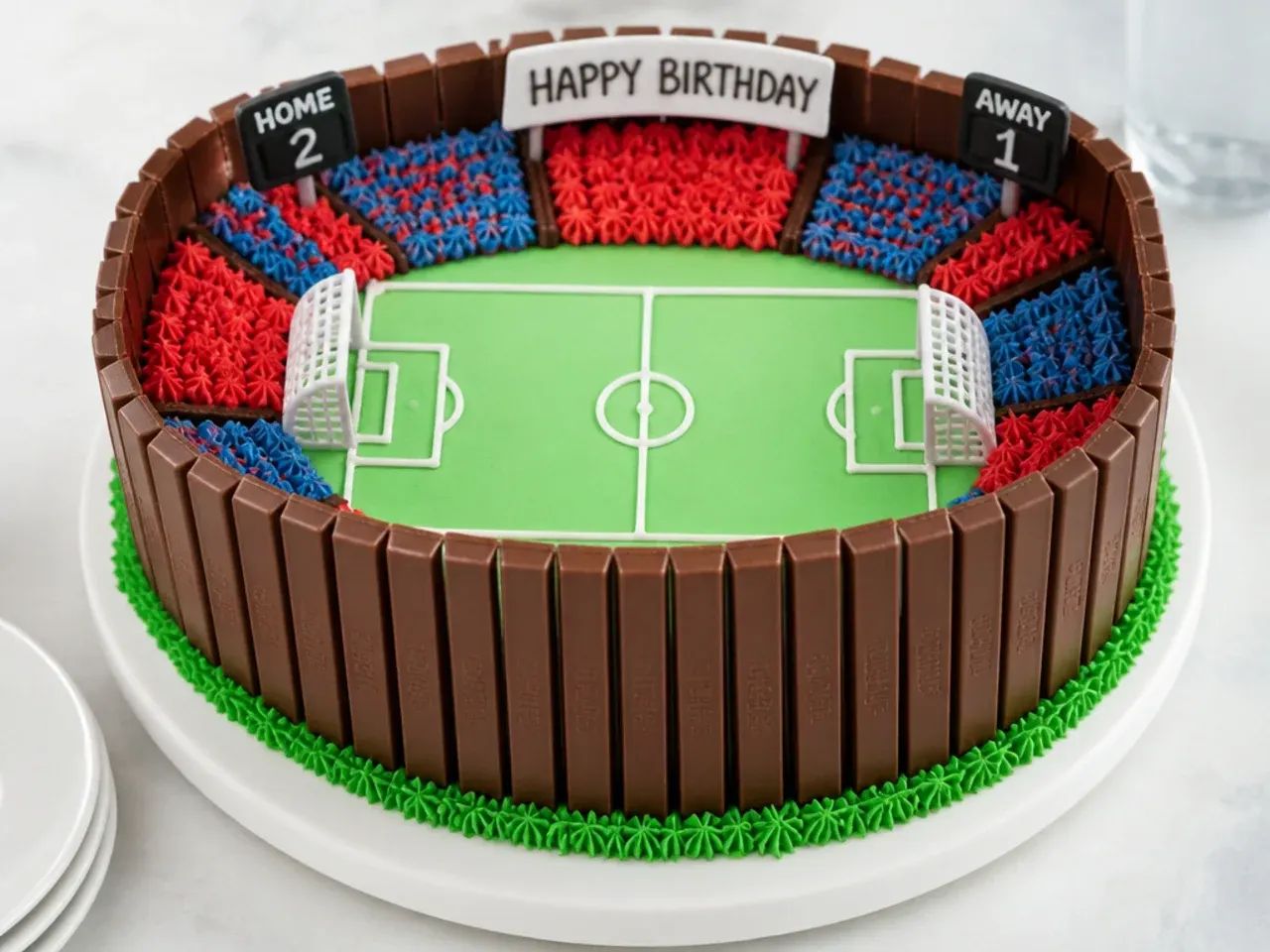 Football stadium birthday cake with chocolate biscuit stands and piped crowd in team colours