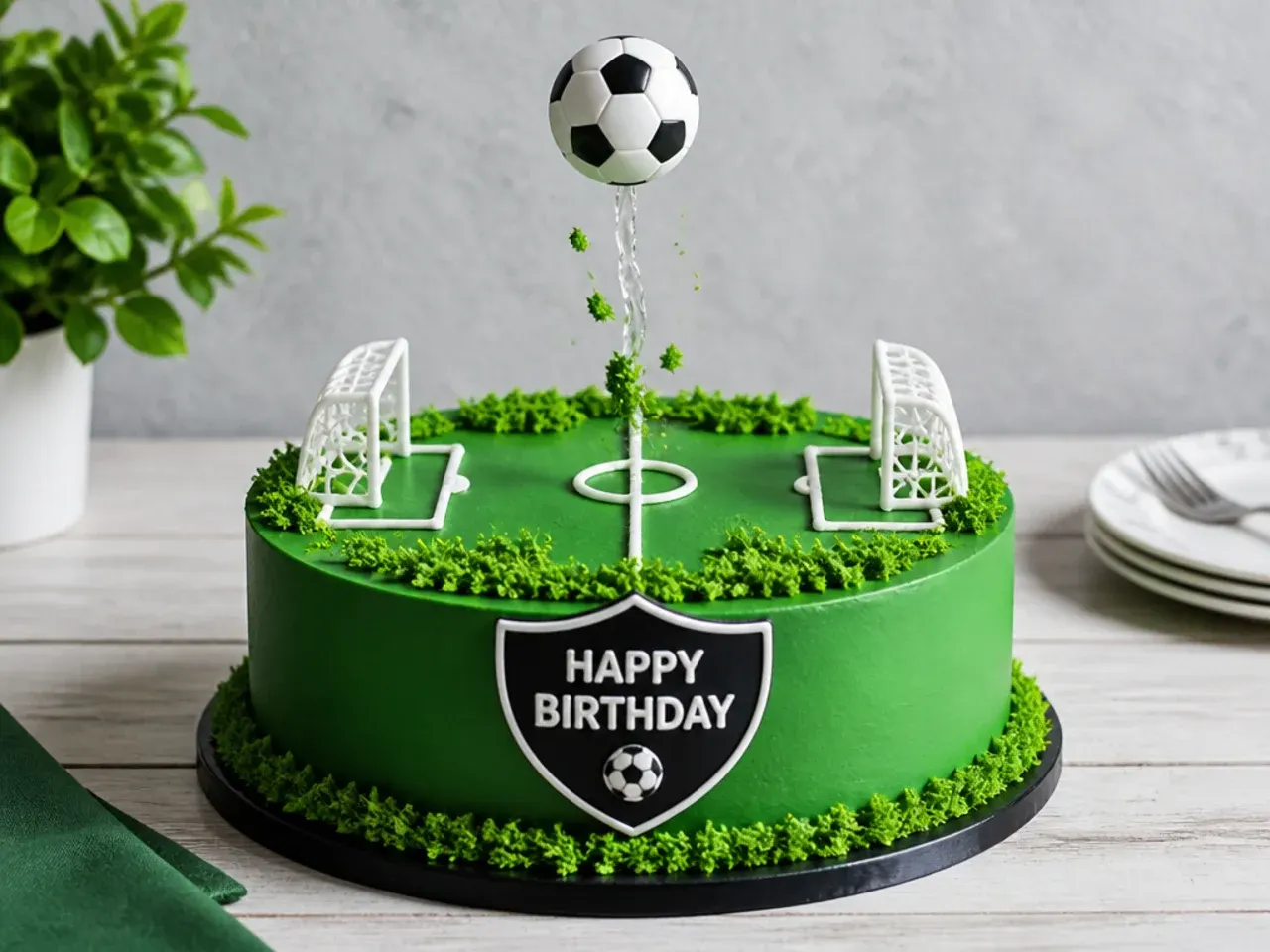 Anti-gravity football birthday cake with a ball floating above the pitch mid-kick