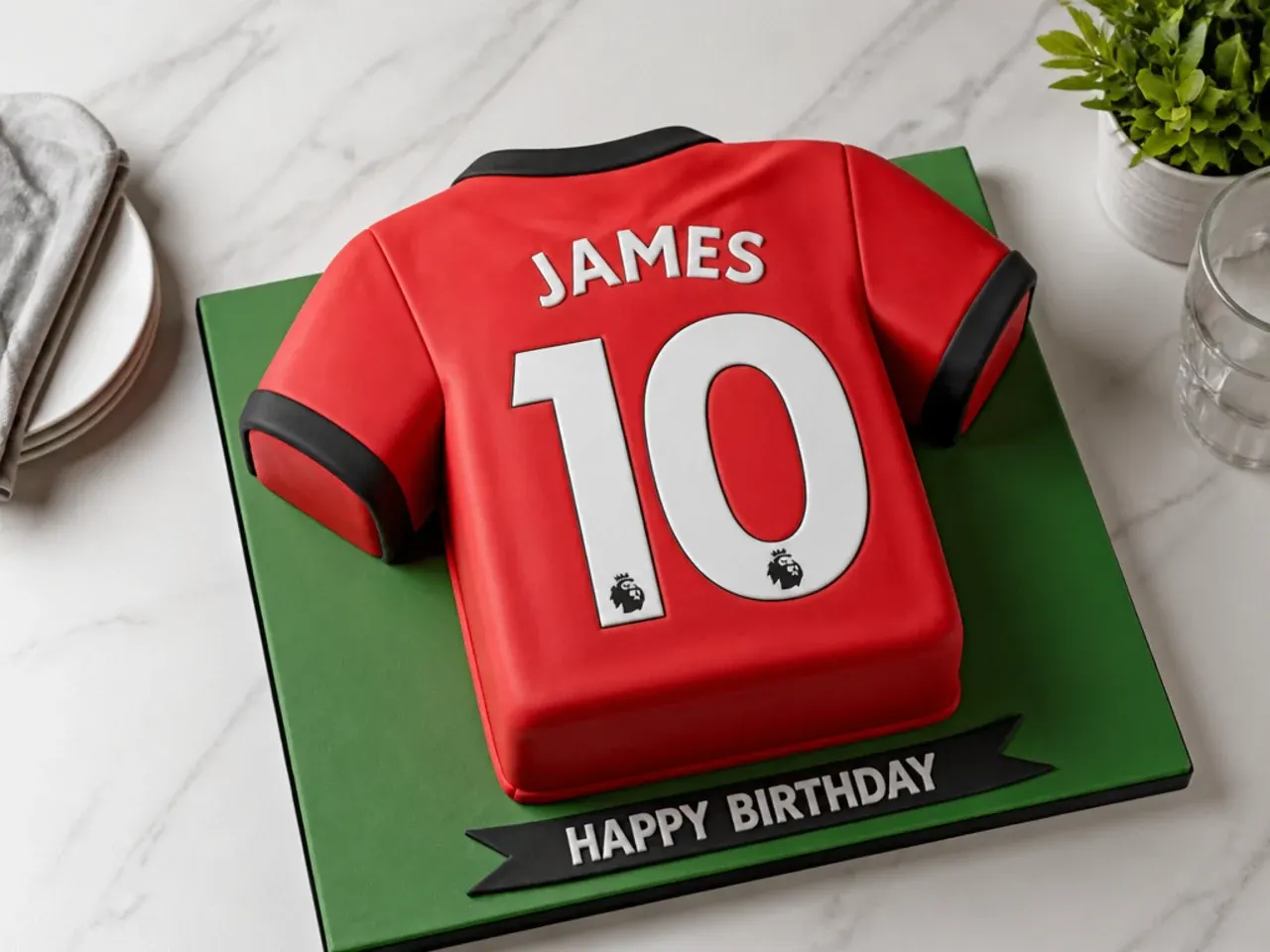 Bold football shirt birthday cake in team colours with the birthday age as squad number