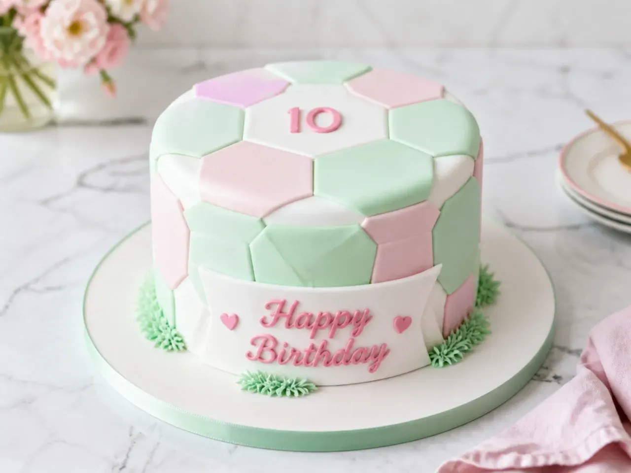 Delicate pastel football birthday cake with soft pink and mint hexagon ball pattern