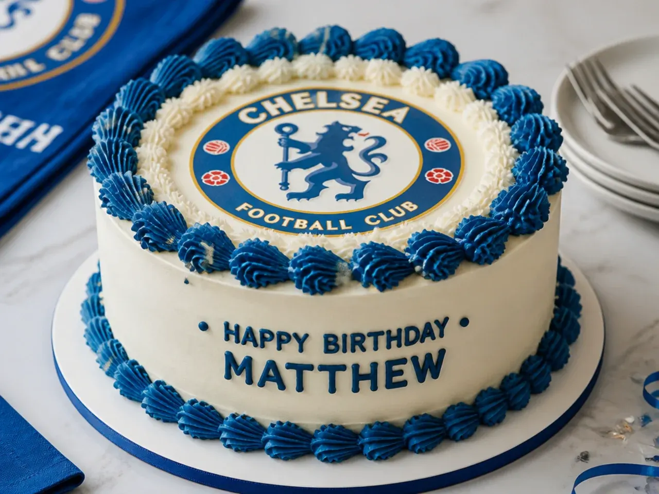 Vintage Lambeth style football birthday cake with overpiped shell borders in club colours
