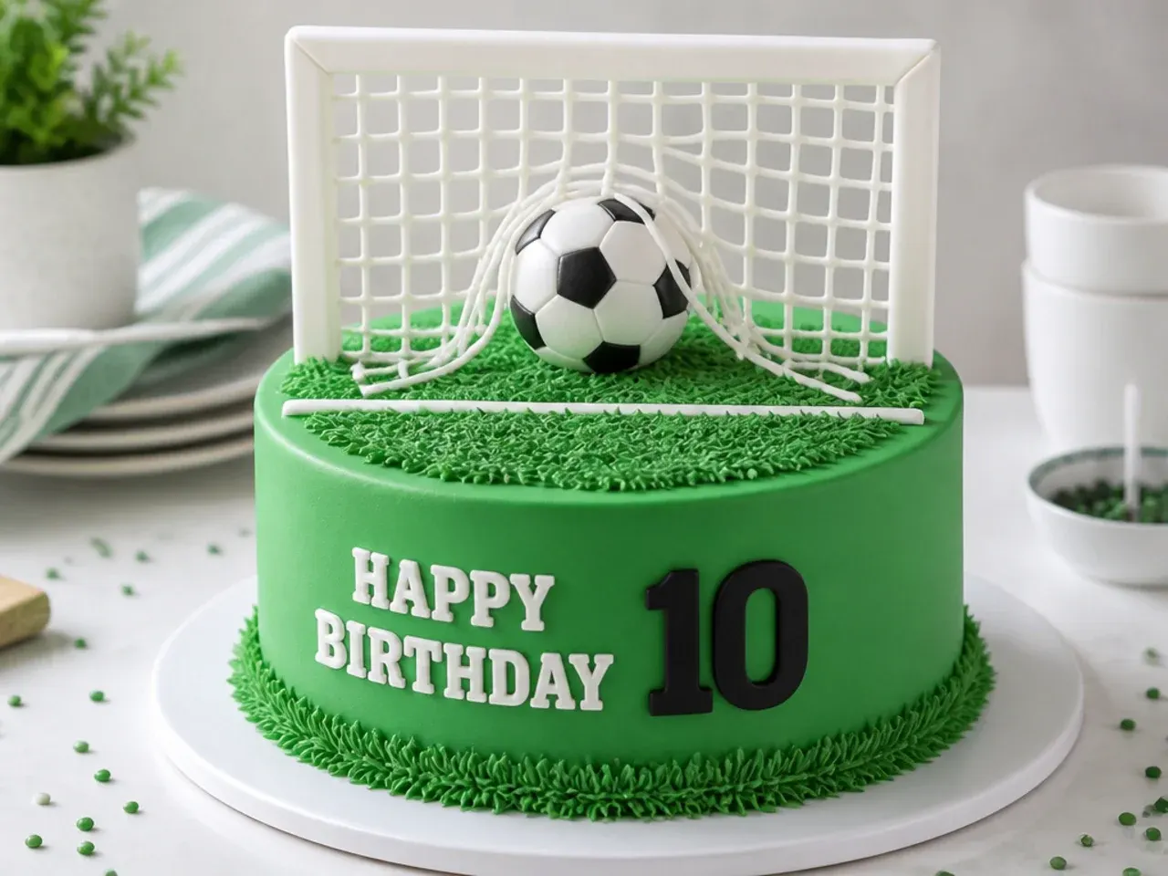 Football birthday cake decorated as a goal mouth scene with ball crossing the line
