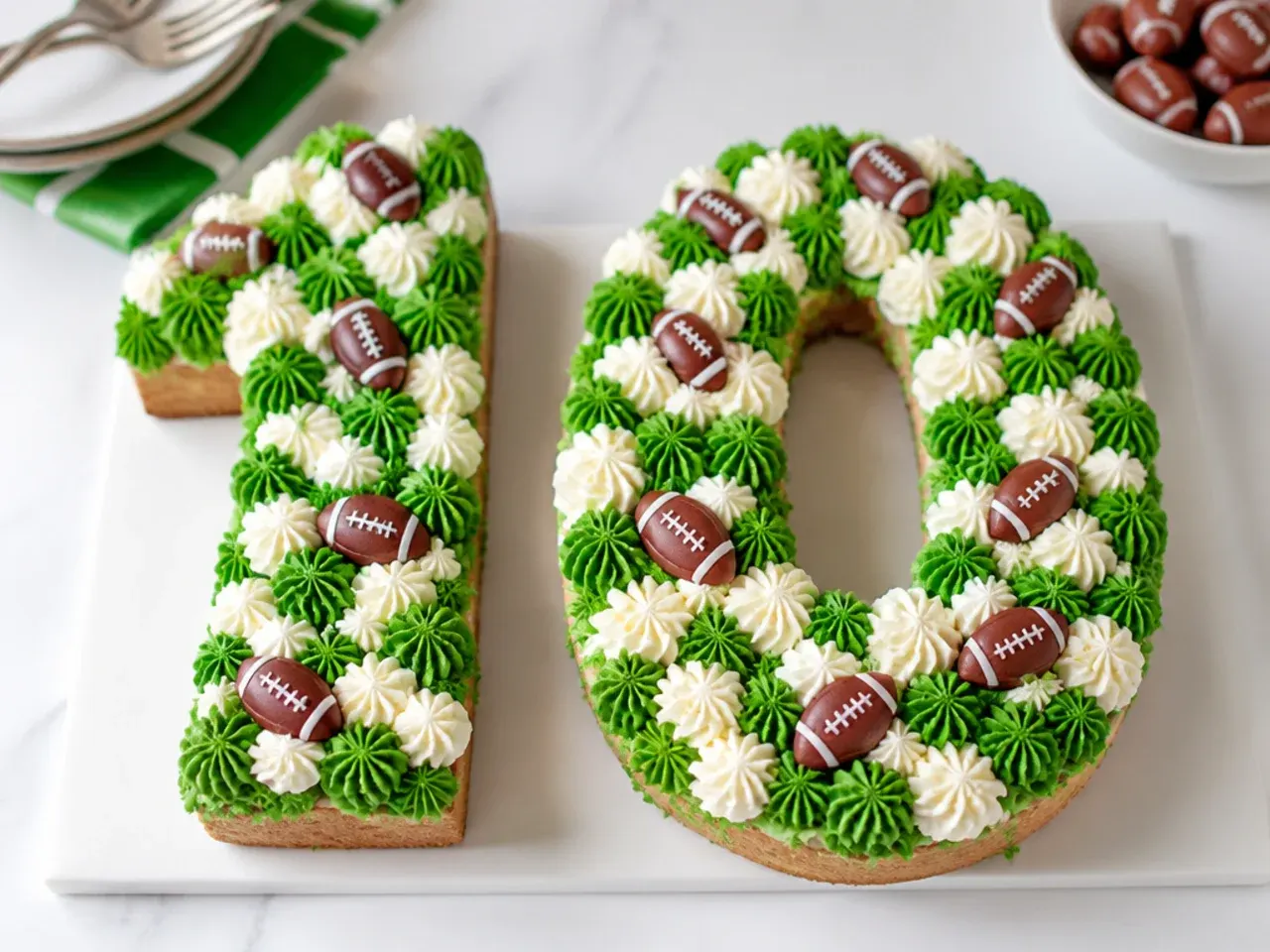 Football number birthday cake piped with green and white swirls and mini fondant footballs