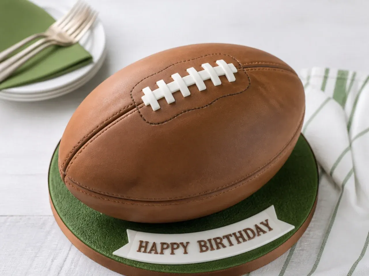Retro leather football birthday cake in tan fondant with painted stitching seams