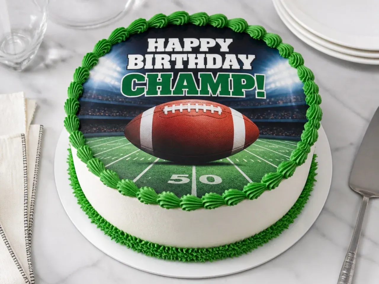 Easy football birthday cake topped with a printed edible icing sheet and piped green border