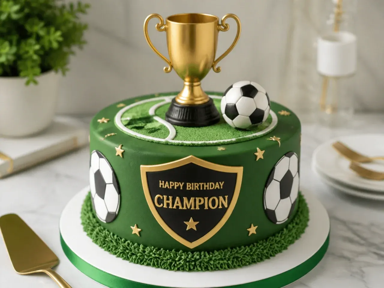 Elegant football birthday cake topped with a gold fondant trophy and champion plaque