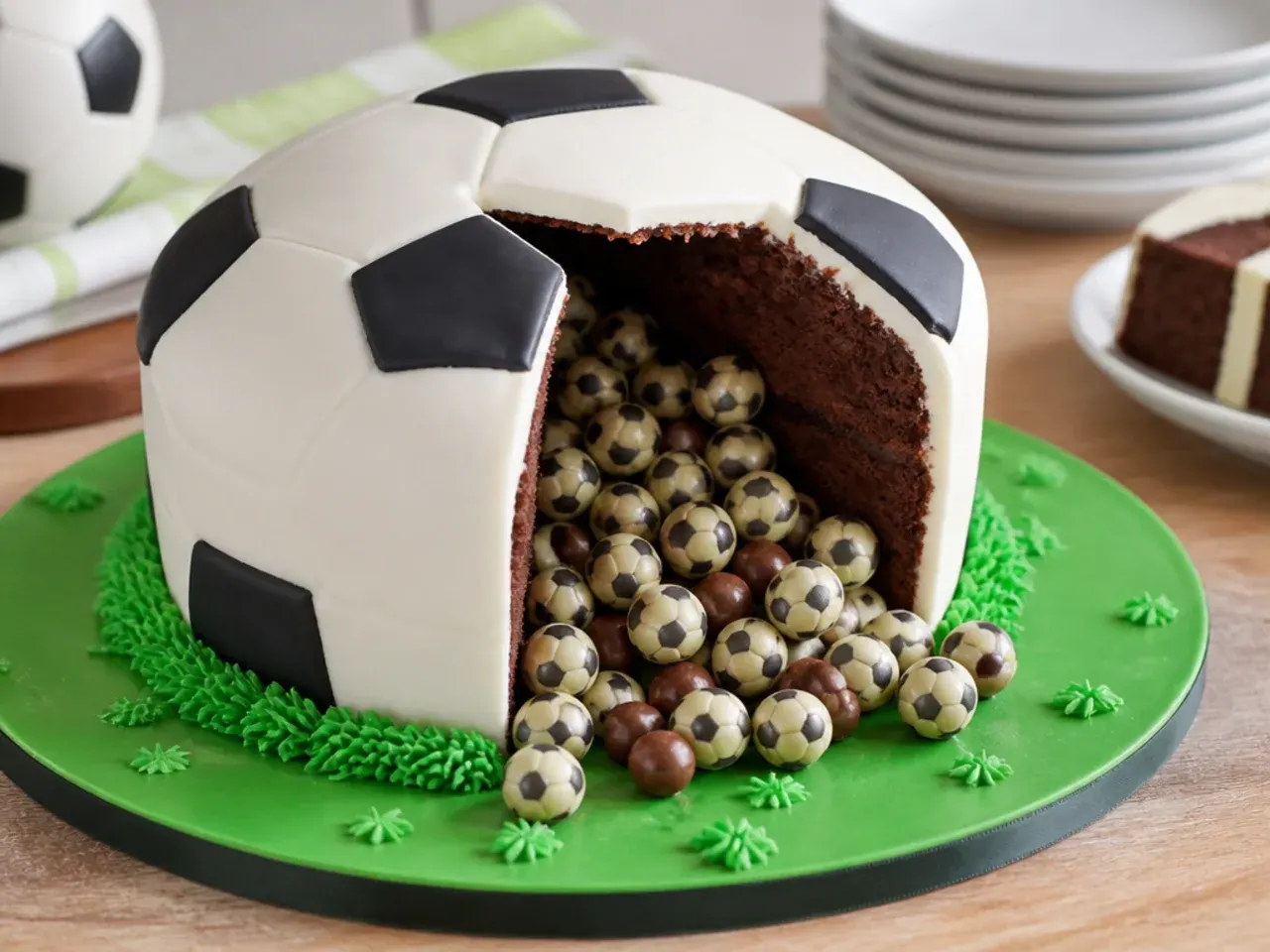 Pinata football birthday cake cut open with chocolate footballs spilling from the centre