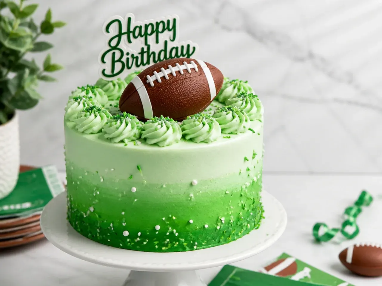 Green ombre football birthday cake blending from deep grass green to pale mint