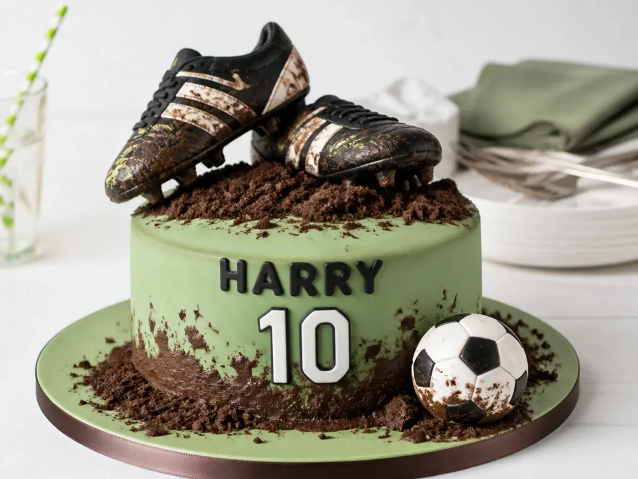Muddy boots football birthday cake with biscuit crumb mud and fondant football boots