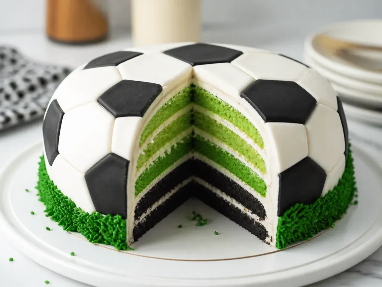 Football birthday cake sliced open to reveal surprise layers in team colours