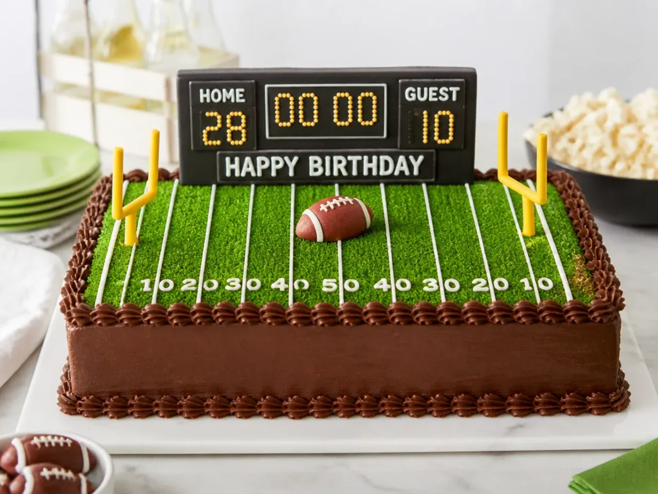 Scoreboard football birthday cake showing the birthday age as the winning score