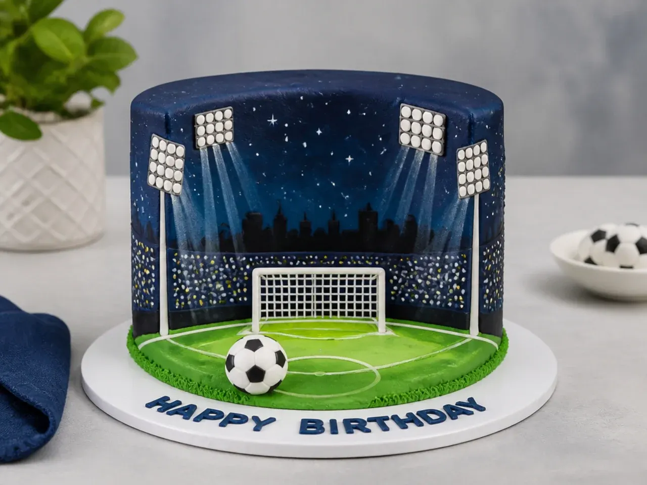 Night match football birthday cake with navy sky, floodlight towers and glowing green pitch