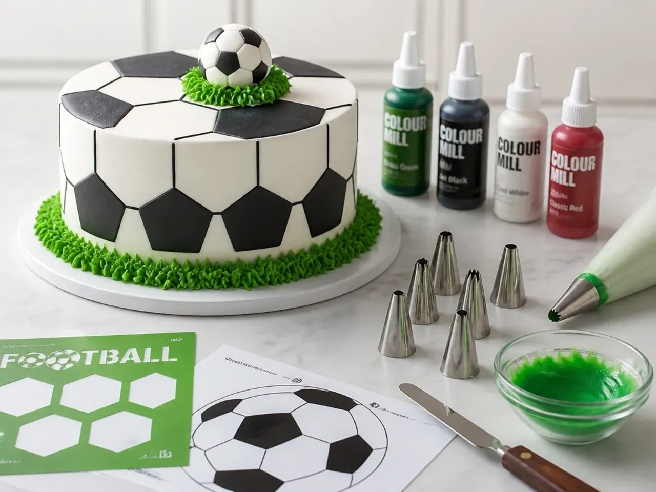 Football birthday cake decorating tools with gel colours, piping tips and templates
