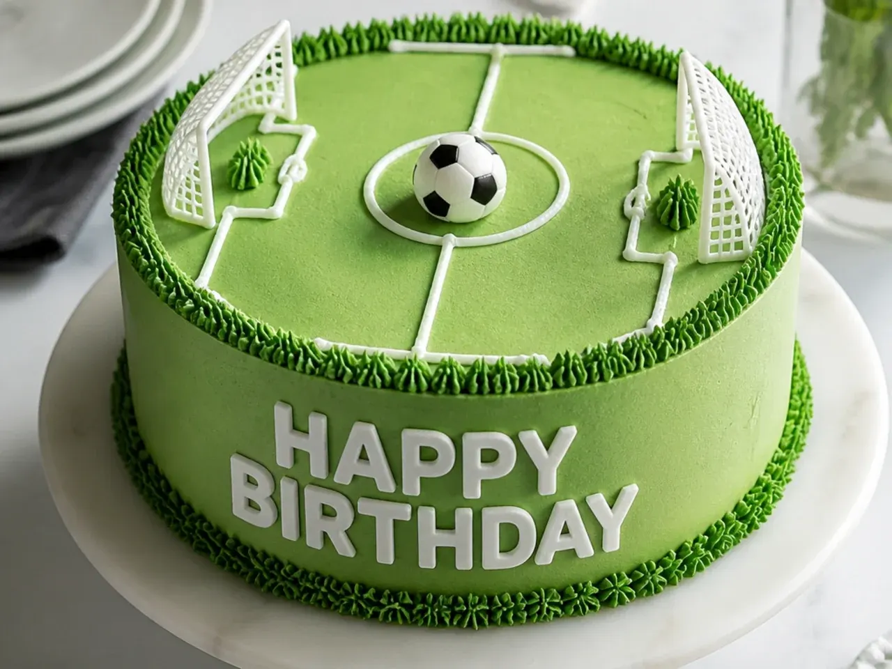 Football themed birthday cake showing neat piped pitch lines and smooth crumb-coated icing