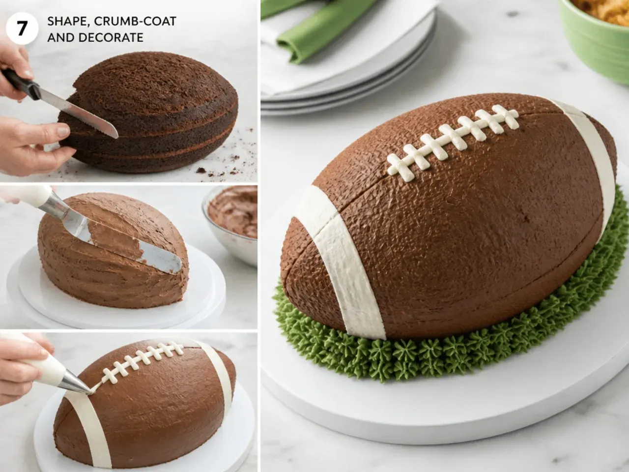 football cake designs — step 7: shape, crumb-coat and decorate