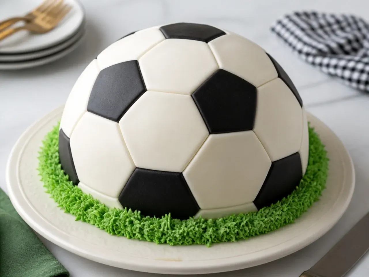 Classic black-and-white soccer-ball dome football cake design