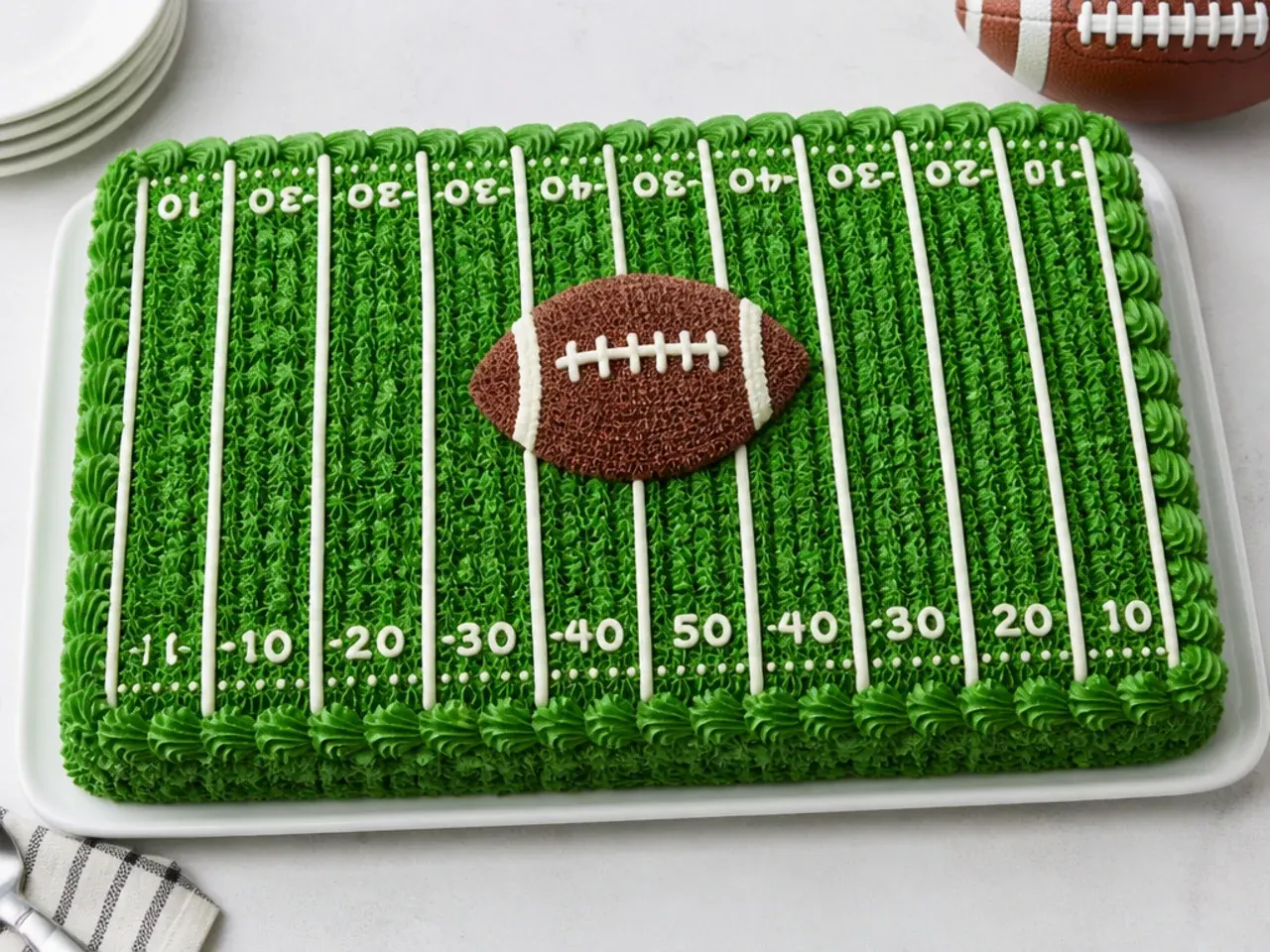 Green buttercream pitch sheet cake, an easy football cake design