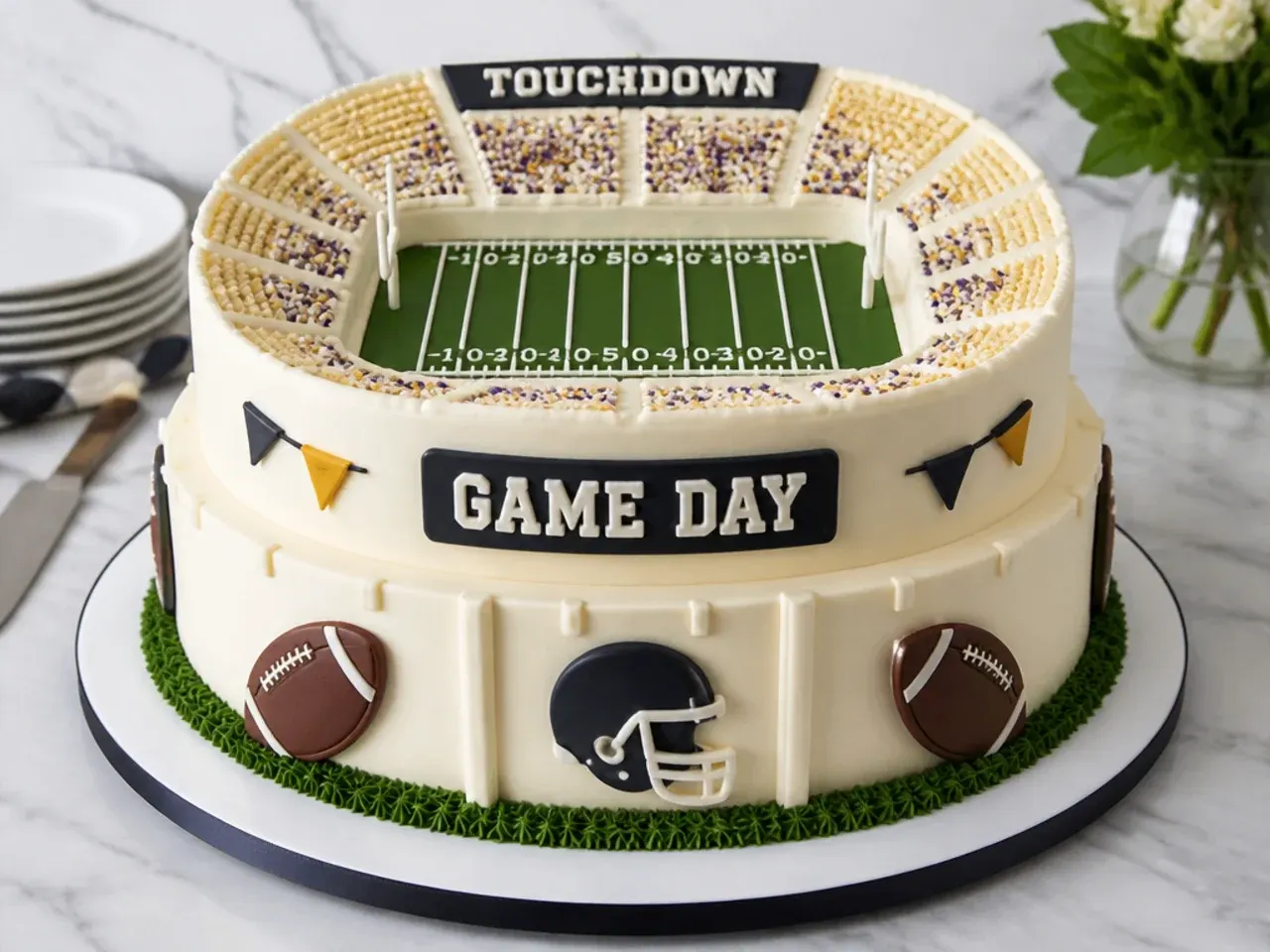 Elegant two-tier stadium football cake design in ivory buttercream