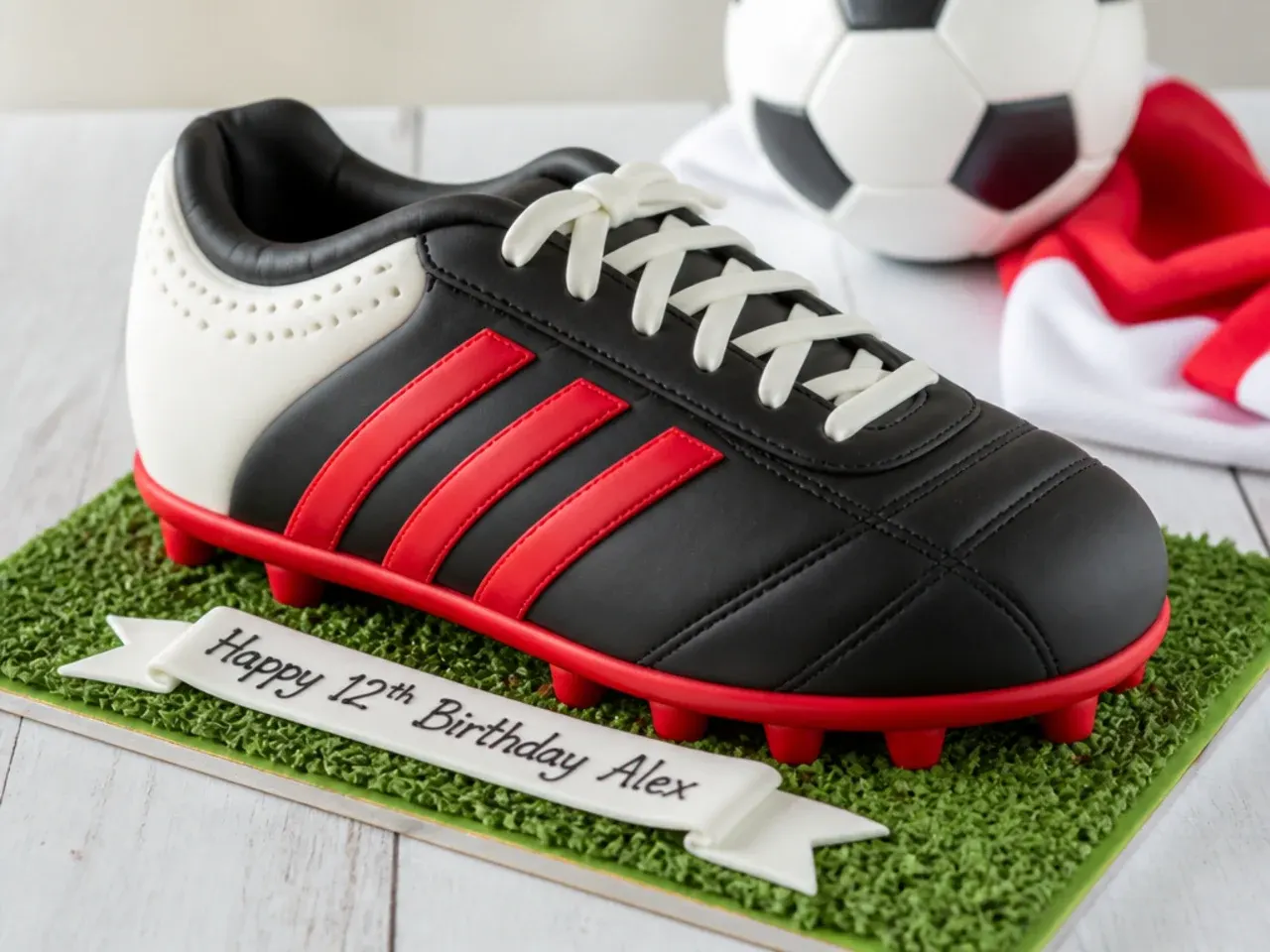 Playful carved football boot cake design with fondant laces