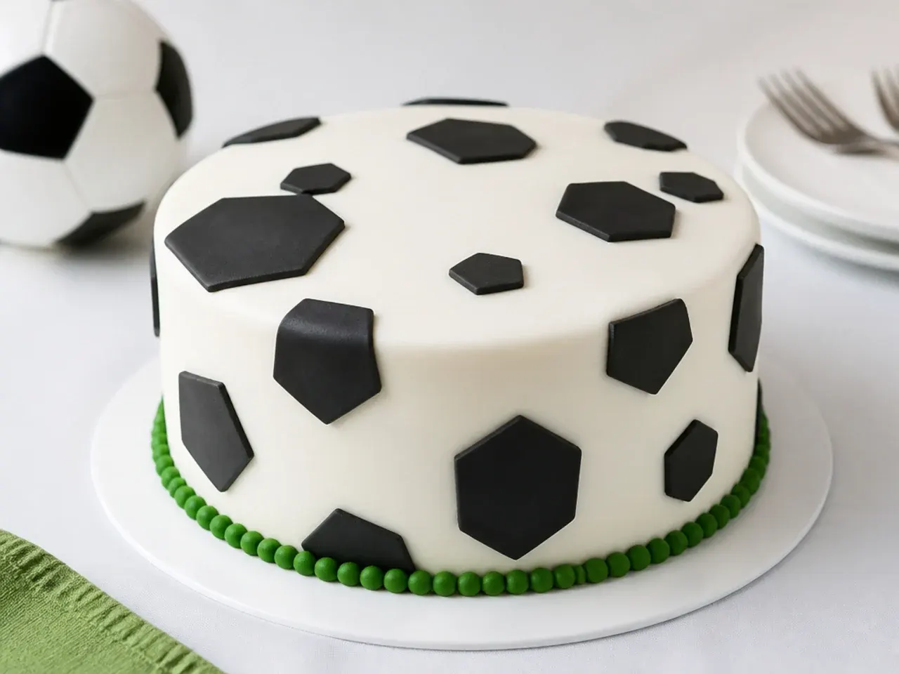 Modern geometric panel football cake design with scattered pentagons