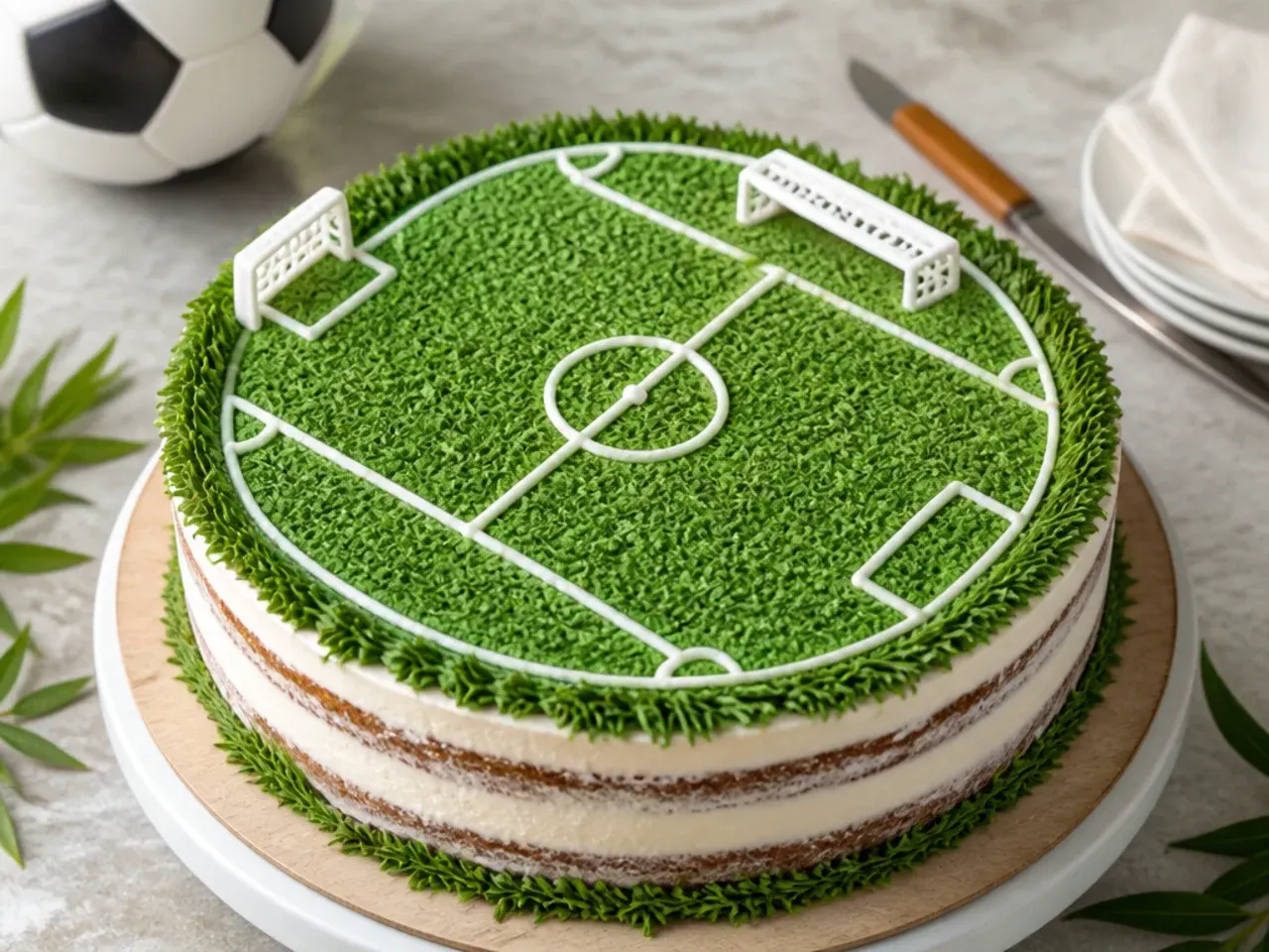 Rustic semi-naked football pitch cake design with piped lines