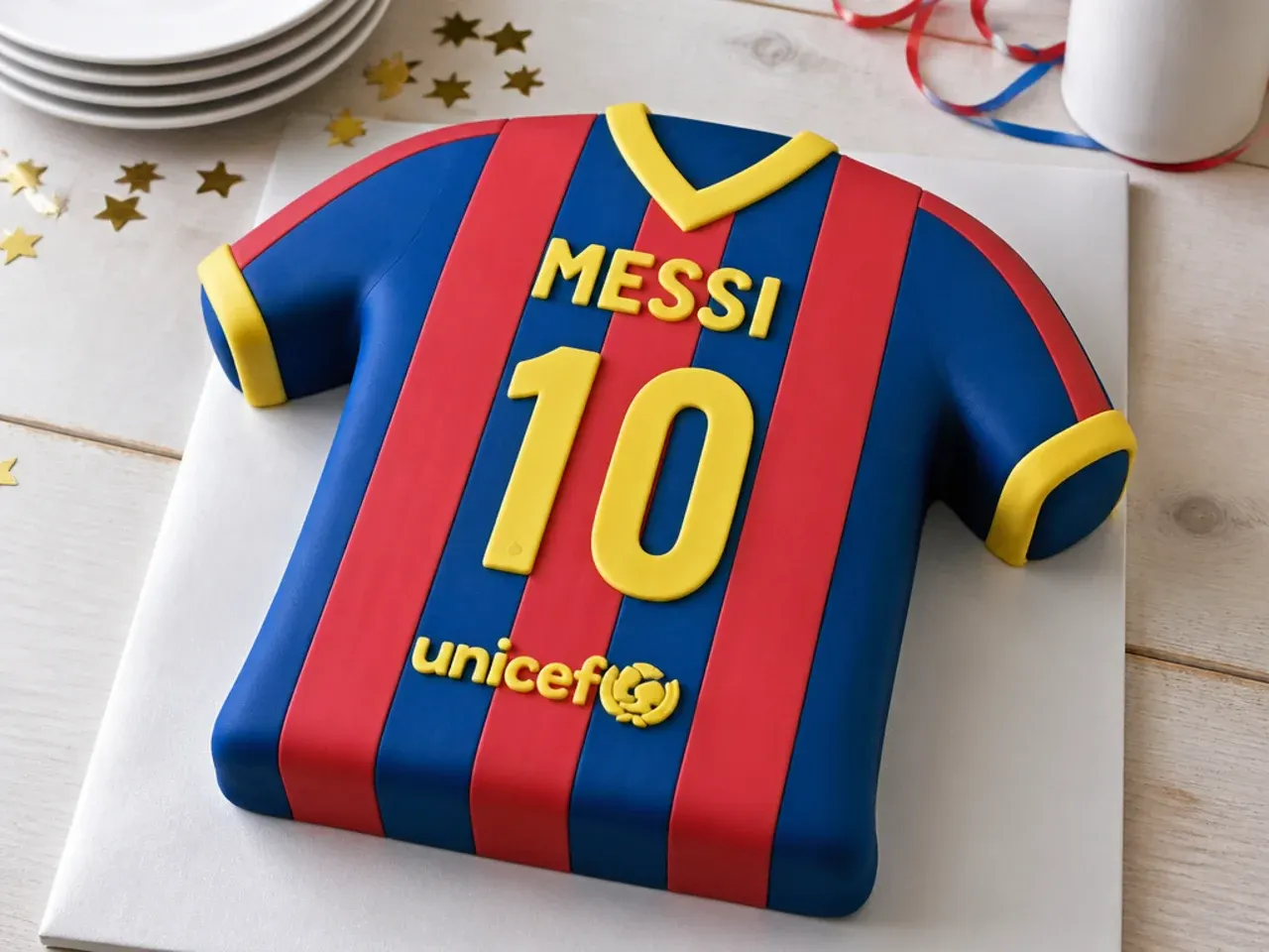 Colourful team kit jersey football cake design with stripes