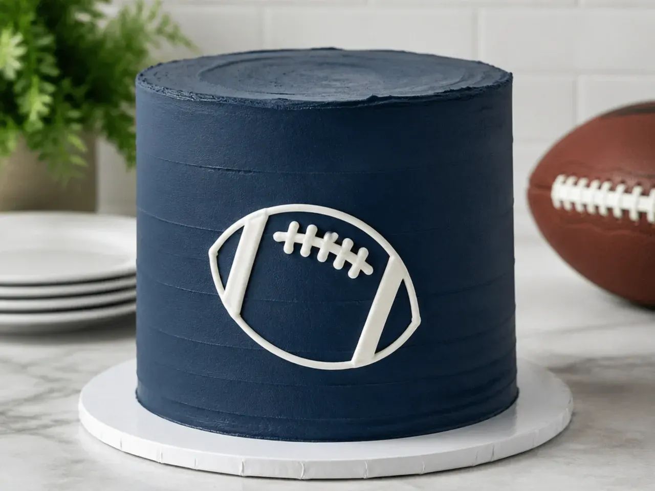 Minimal white football on navy buttercream cake design
