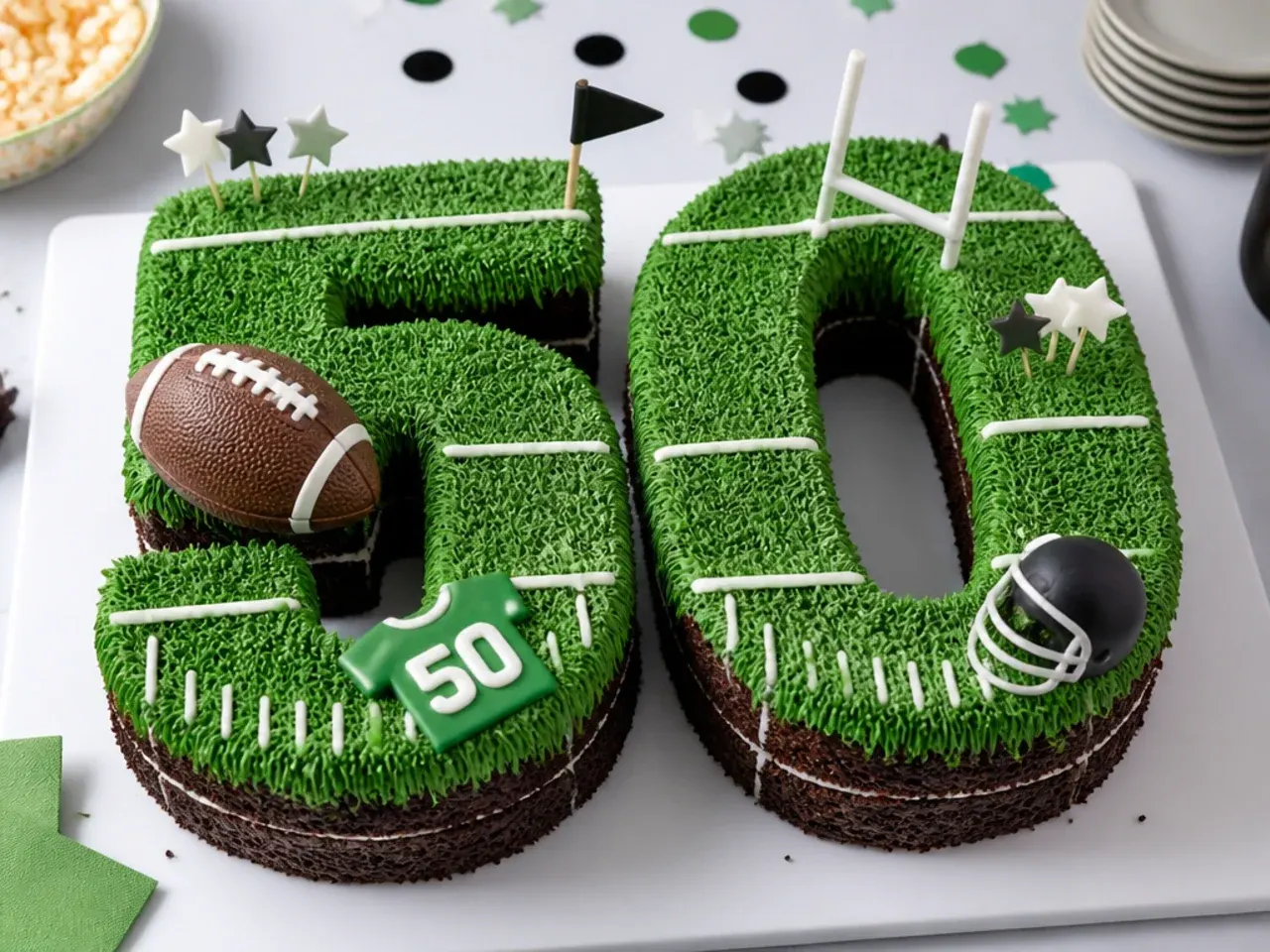 Festive football number cake design with grass-tip turf