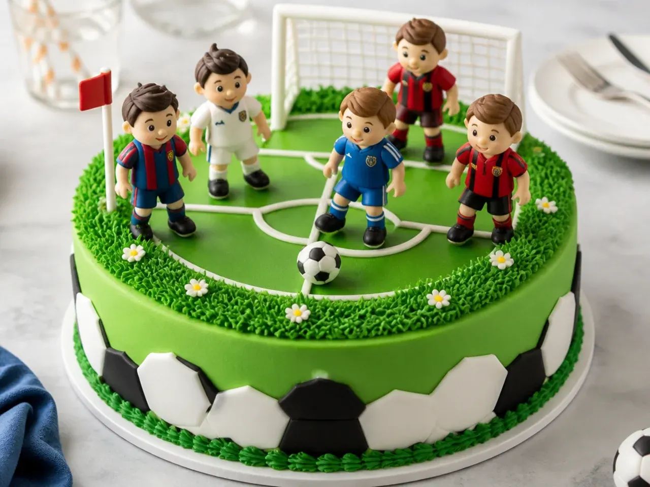 Whimsical football scene cake design with modelling-chocolate players