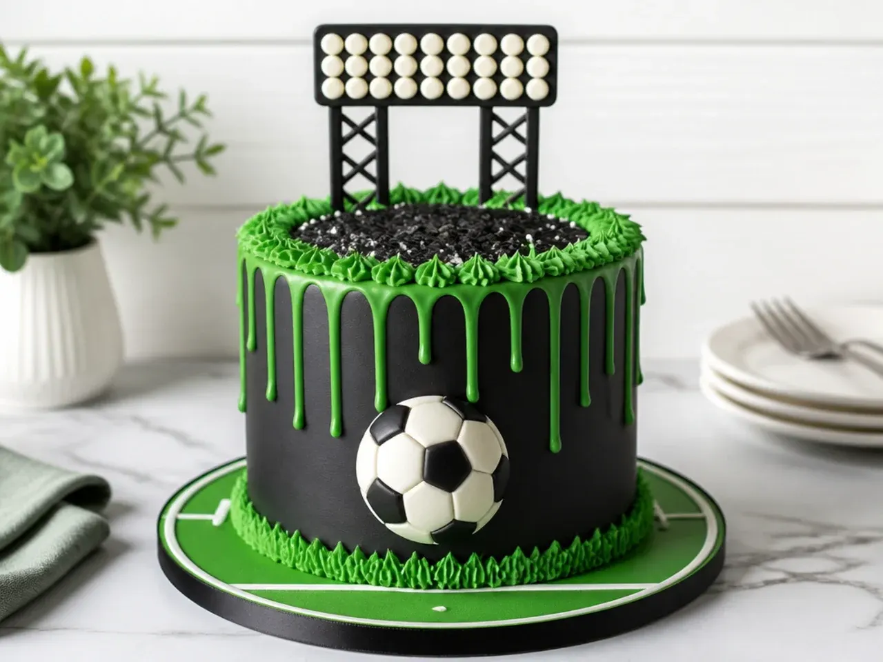 Bold stadium floodlight drip football cake design