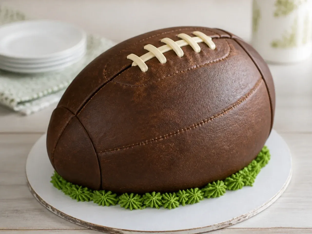 Vintage brown leather football cake design with textured fondant
