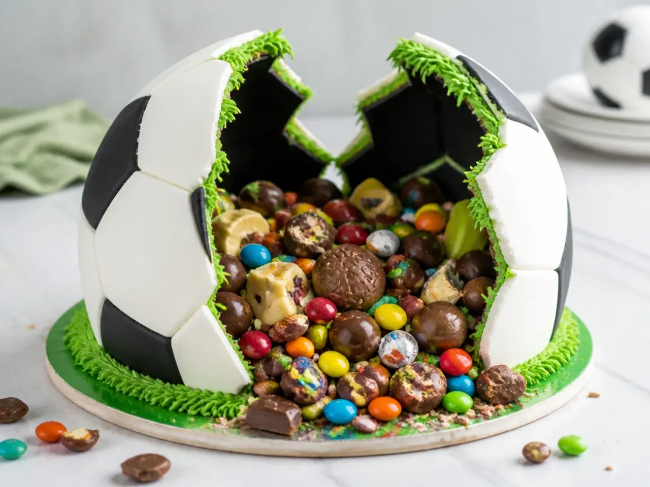 Creative exploding surprise football cake design filled with sweets