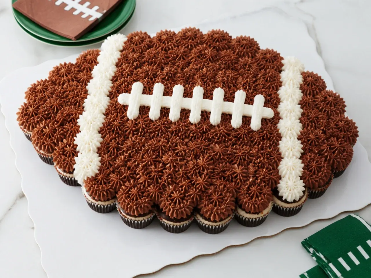 Charming pull-apart cupcake pitch football cake design