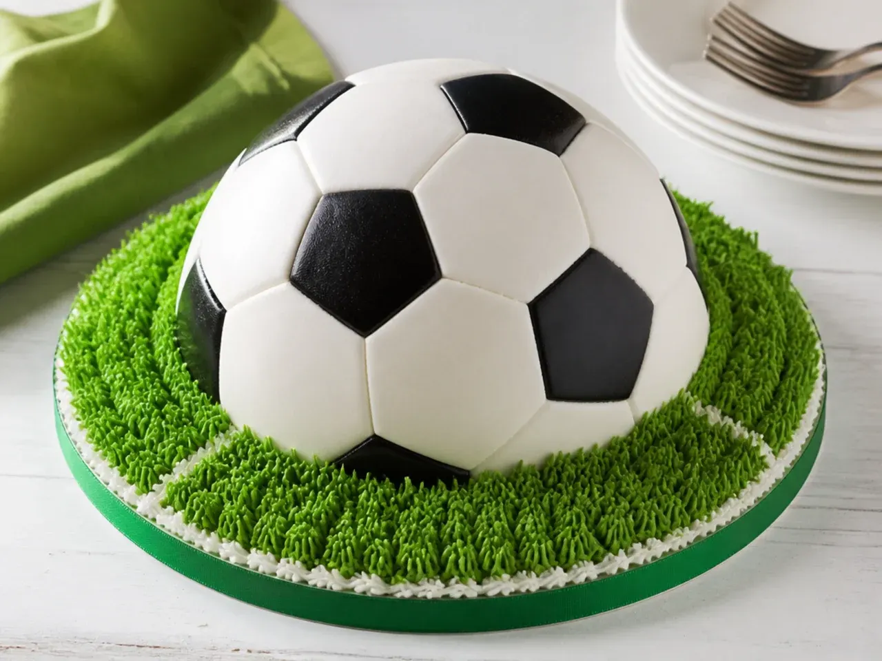 Classic half-ball football cake design on a grassy board