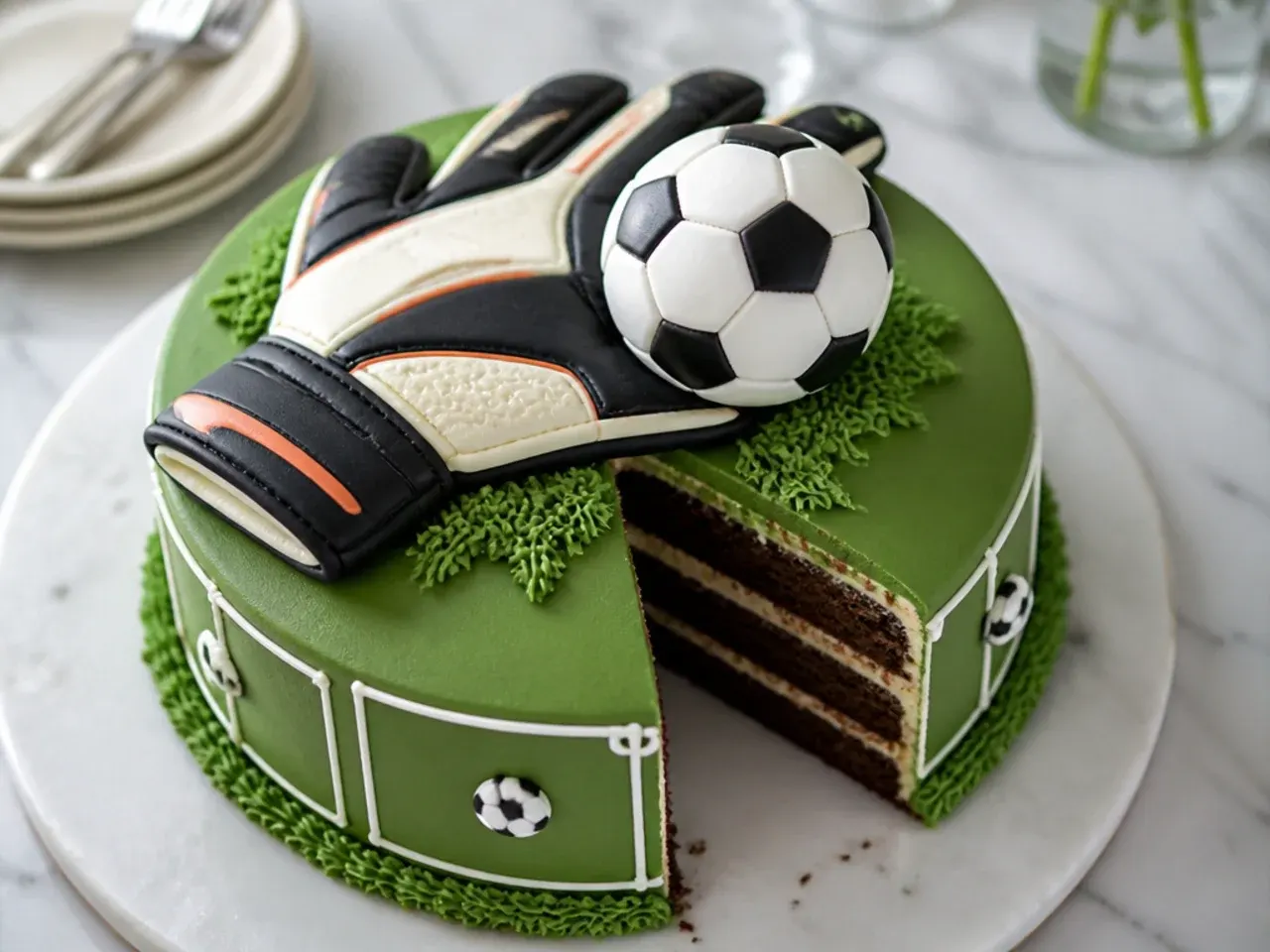 Playful goalkeeper glove carved football cake design