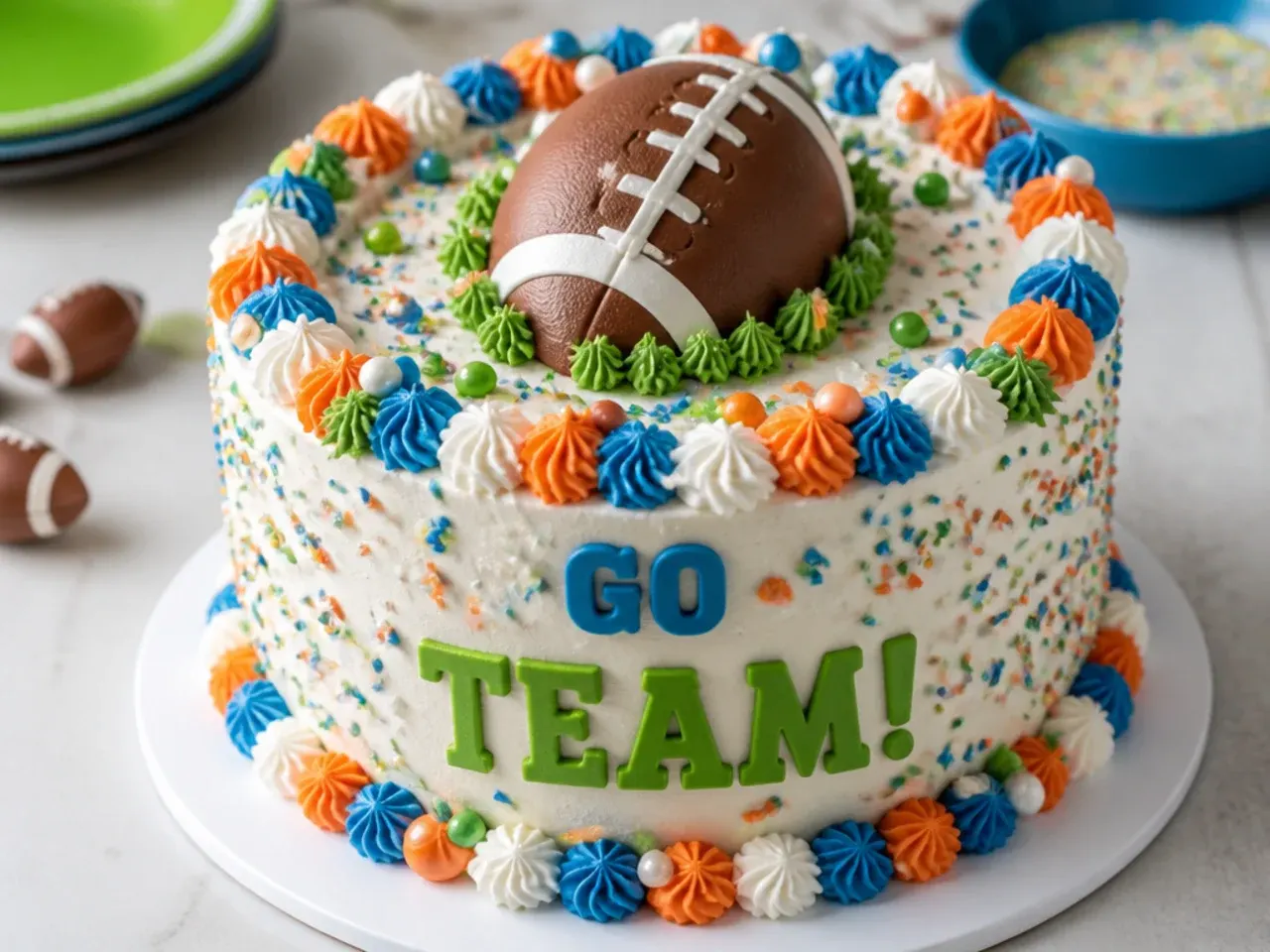 Colourful confetti fan football cake design with sprinkles