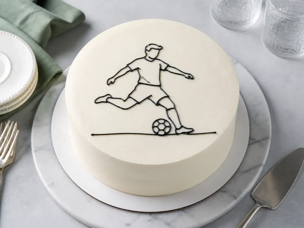 Minimal single-line football cake design in piped black line-art