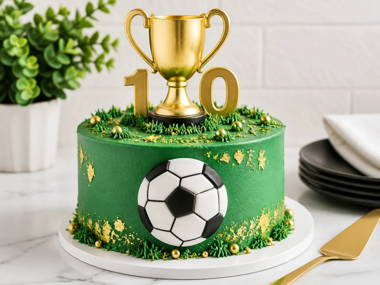 Festive trophy and football cake design with edible gold