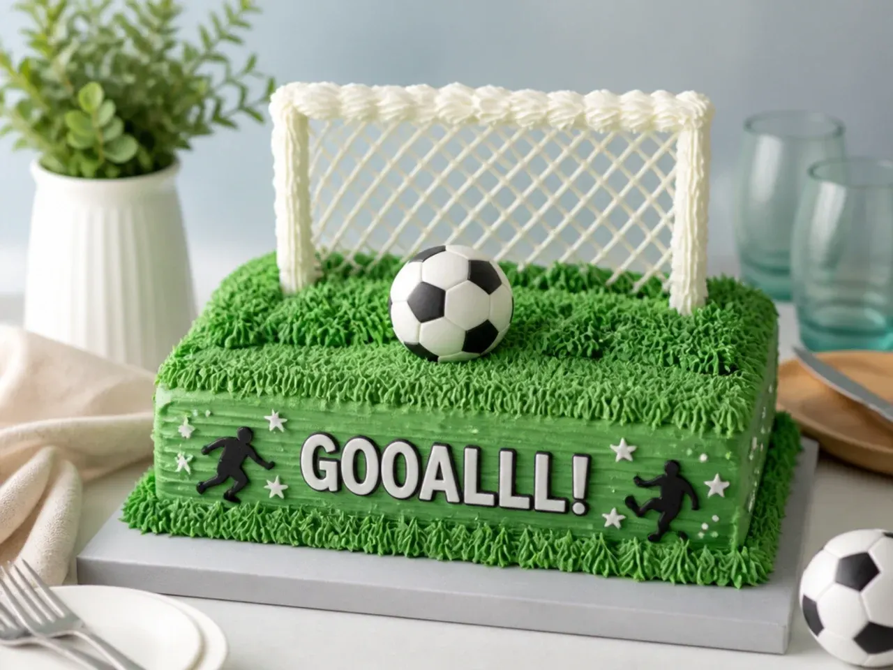 Whimsical football in the net cake design with piped goal