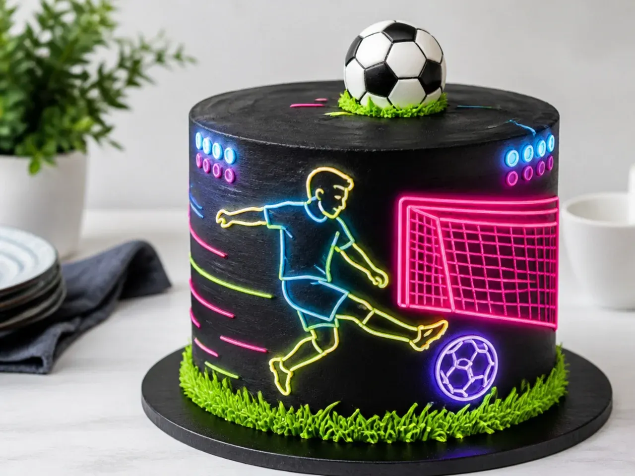 Bold neon night-match football cake design on black buttercream