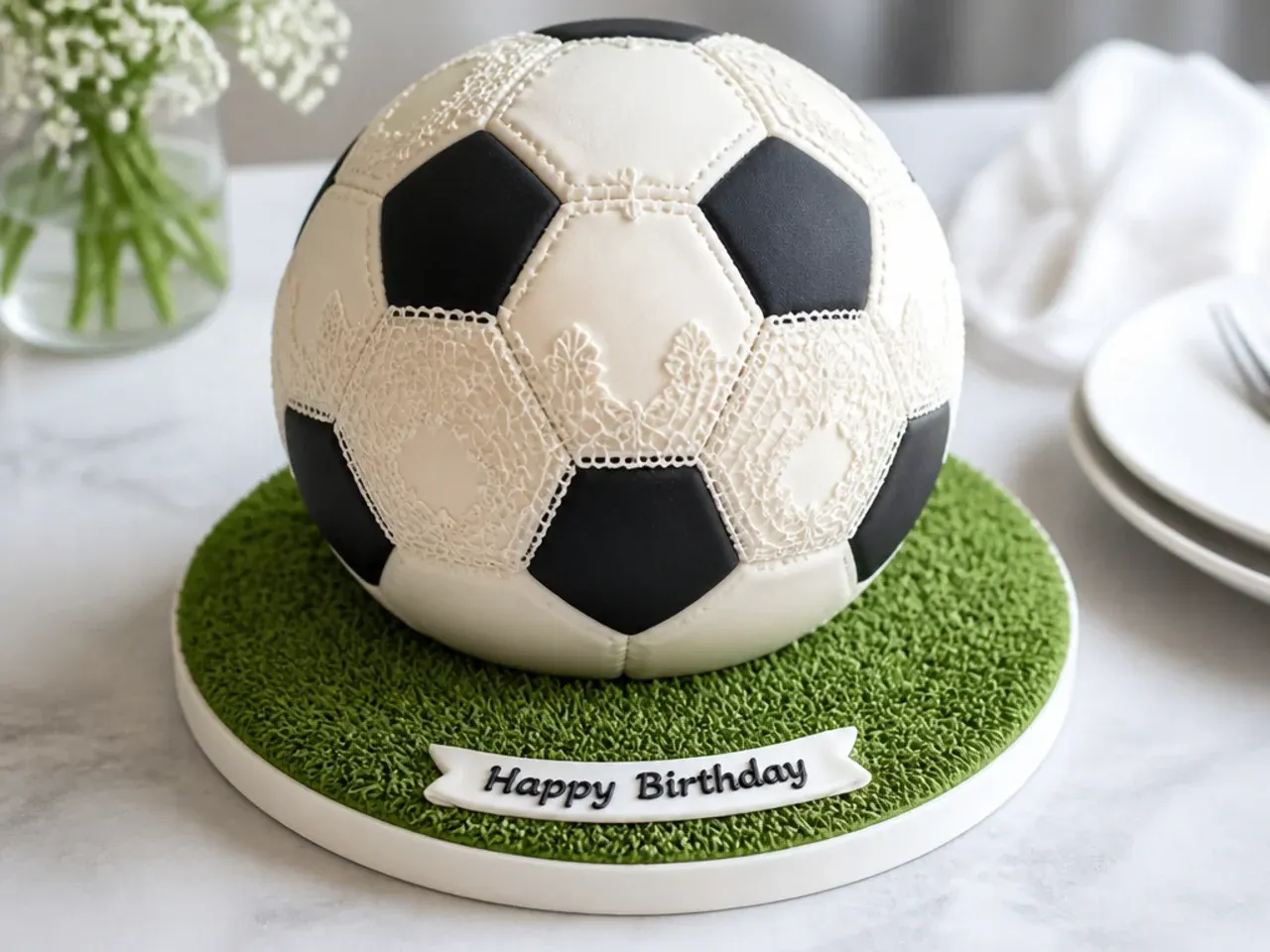 Delicate lace-detail soccer-ball football cake design