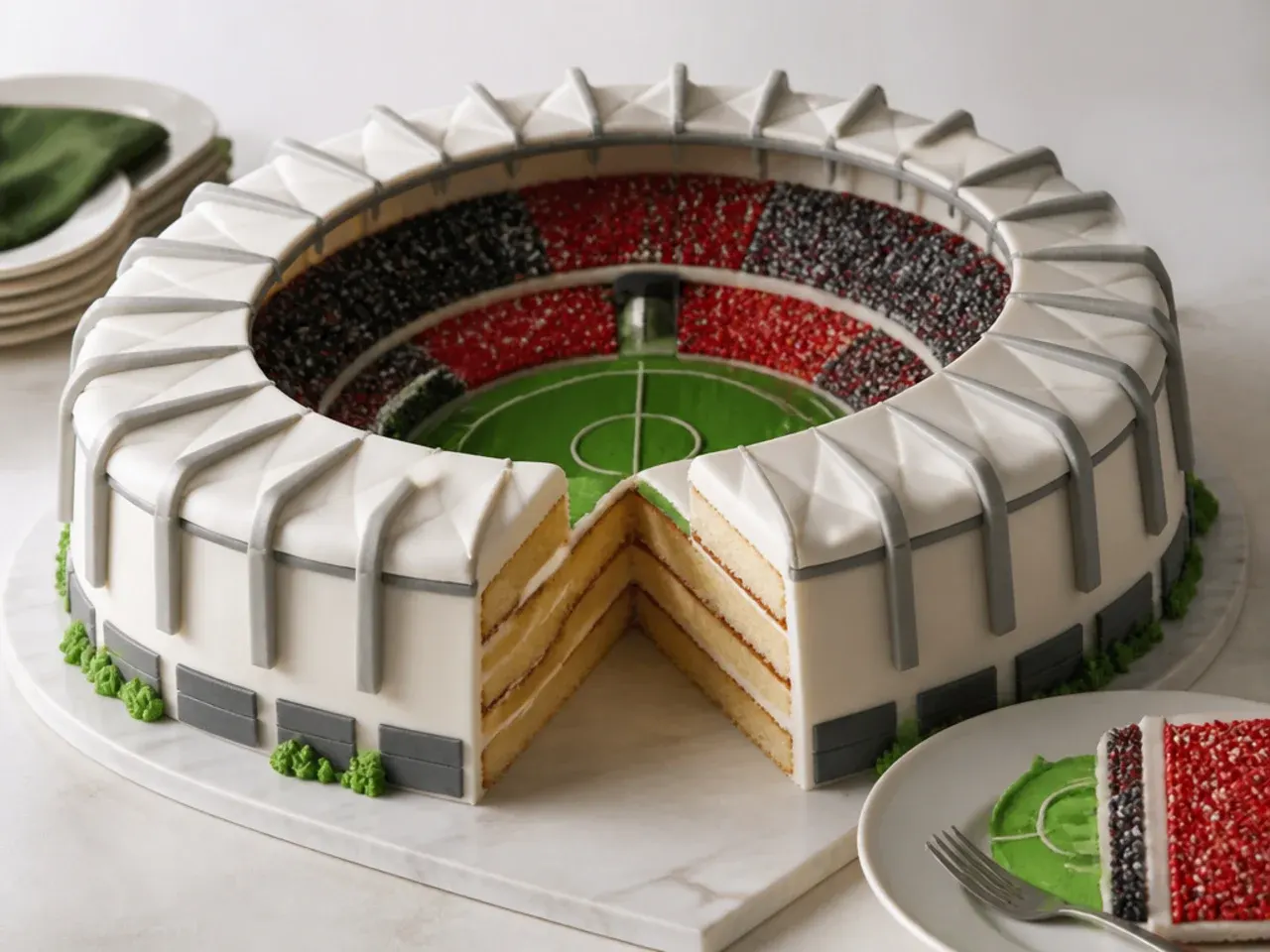 Creative stadium cross-section football cake design revealed in a slice