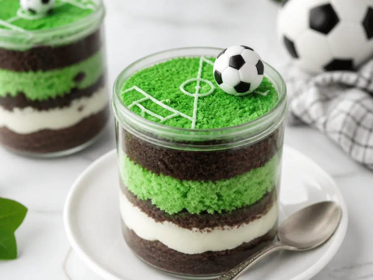 Charming mini football pitch dessert jars cake design